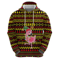 Uganda Christmas Hoodie with Flamingo Lights Uganda Flag and Black Red Yellow Tribal Pattern Design - Wonder Print Shop