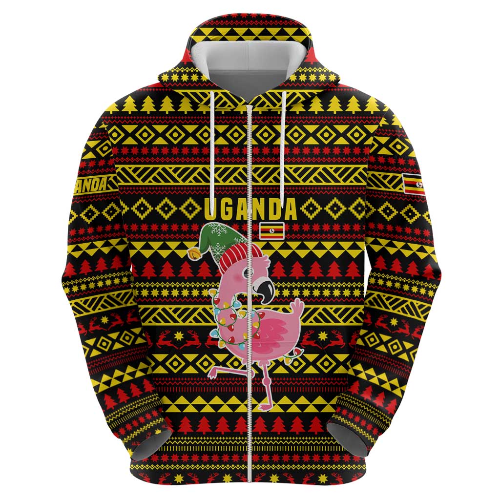 Uganda Christmas Hoodie with Flamingo Lights Uganda Flag and Black Red Yellow Tribal Pattern Design - Wonder Print Shop