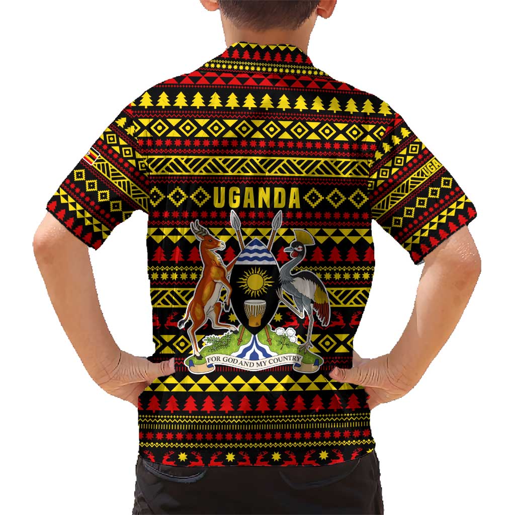 Uganda Christmas Kid Hawaiian Shirt with Flamingo Lights Uganda Flag and Black Red Yellow Tribal Pattern Design - Wonder Print Shop