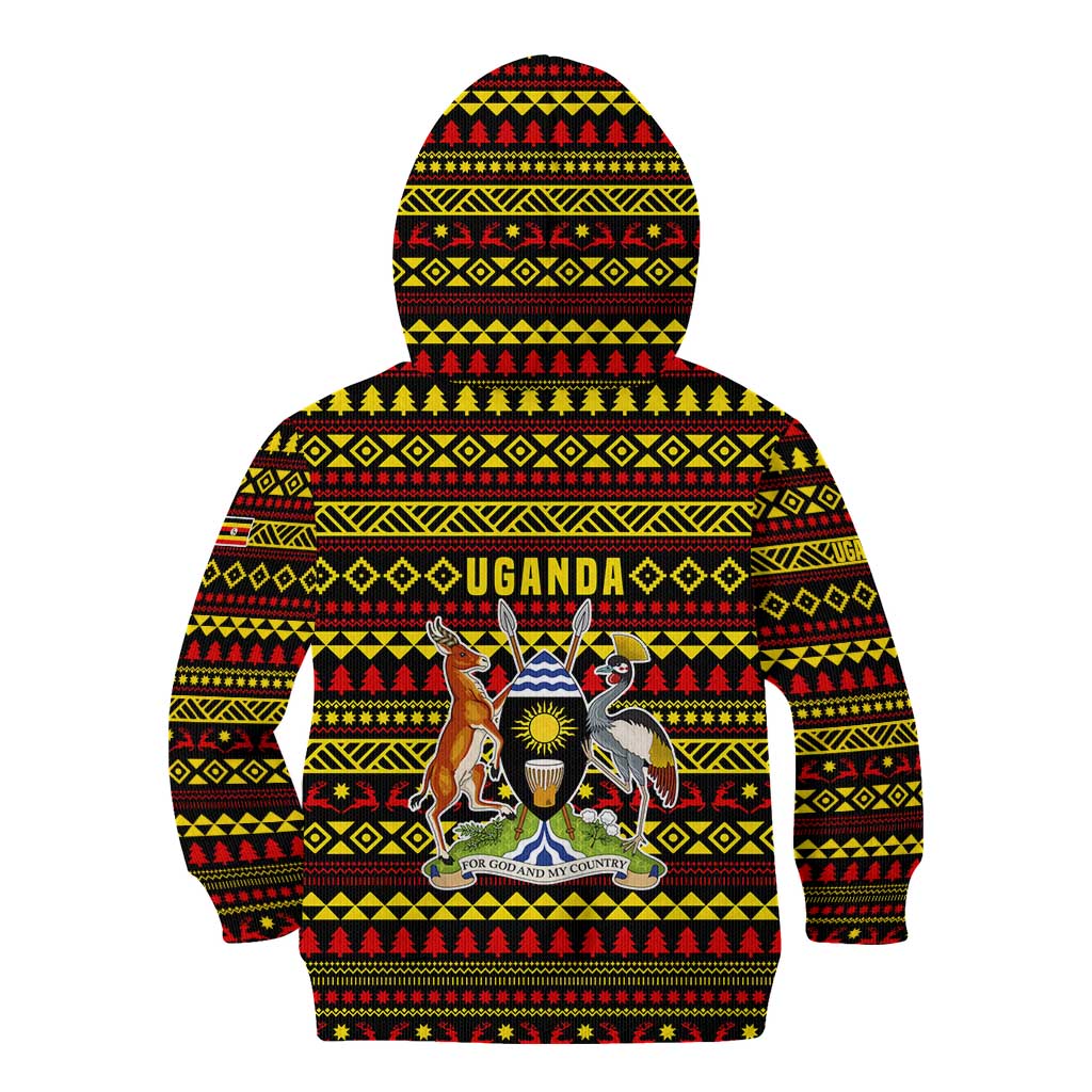 Uganda Christmas Kid Hoodie with Flamingo Lights Uganda Flag and Black Red Yellow Tribal Pattern Design - Wonder Print Shop
