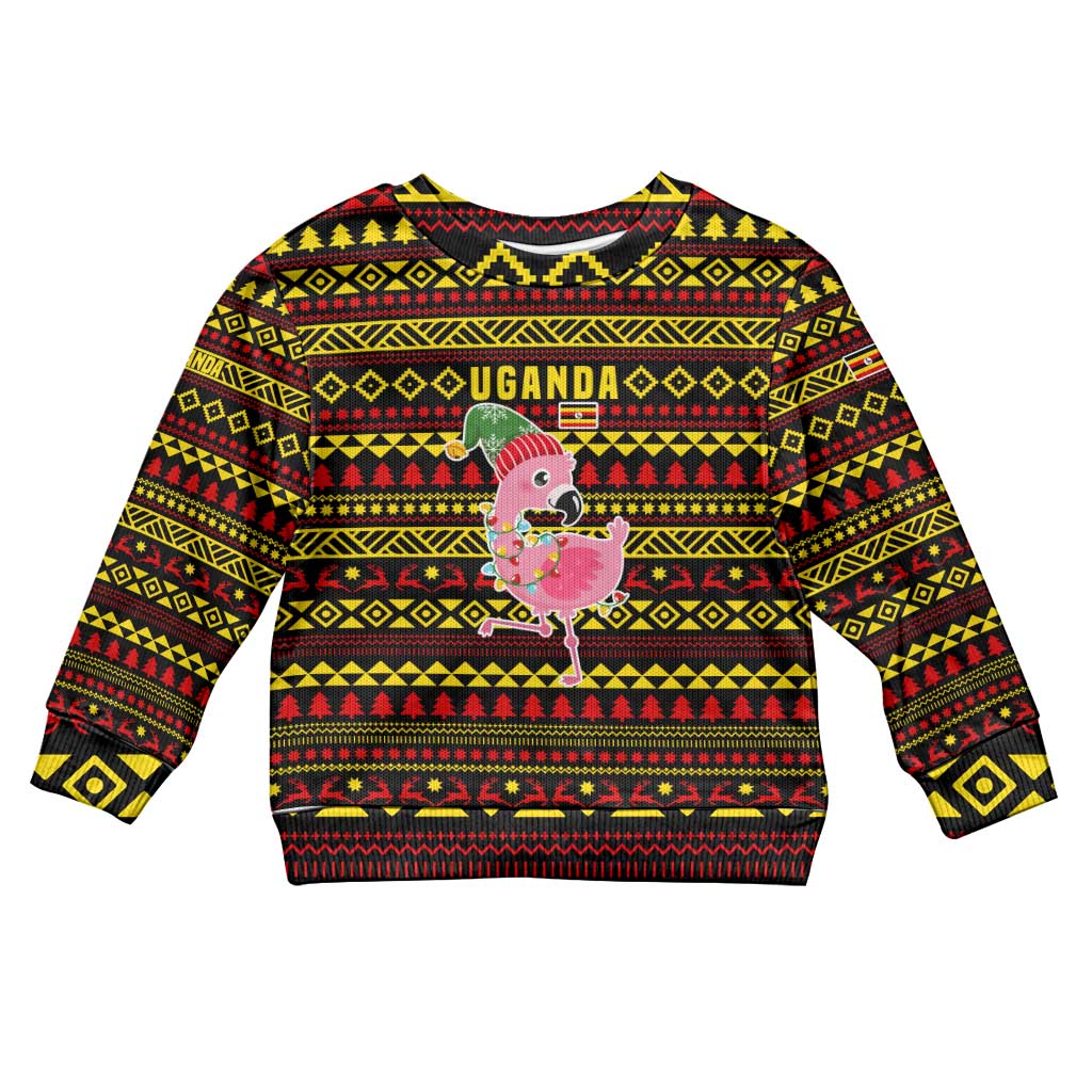 Uganda Christmas Kid Ugly Christmas Sweater with Flamingo Lights Uganda Flag and Black Red Yellow Tribal Pattern Design - Wonder Print Shop