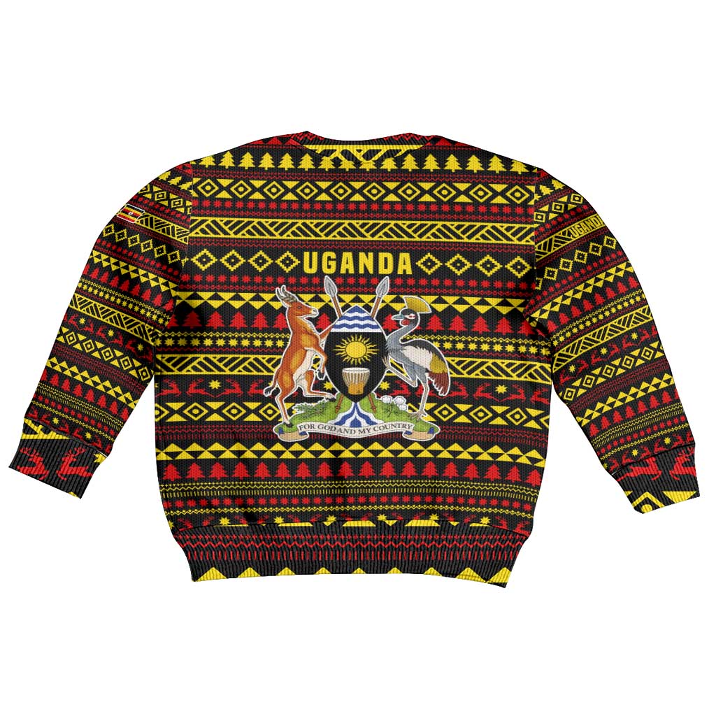 Uganda Christmas Kid Ugly Christmas Sweater with Flamingo Lights Uganda Flag and Black Red Yellow Tribal Pattern Design - Wonder Print Shop
