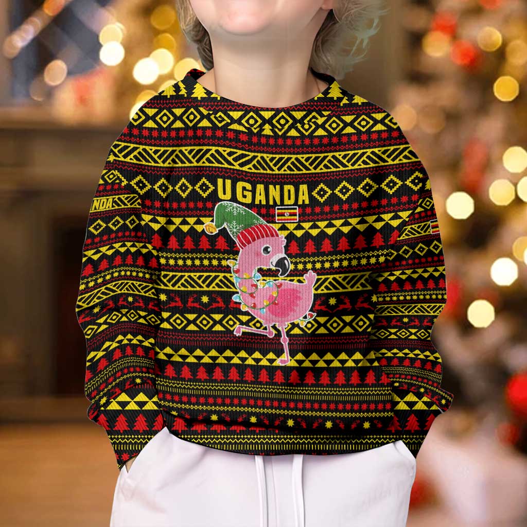 Uganda Christmas Kid Ugly Christmas Sweater with Flamingo Lights Uganda Flag and Black Red Yellow Tribal Pattern Design - Wonder Print Shop