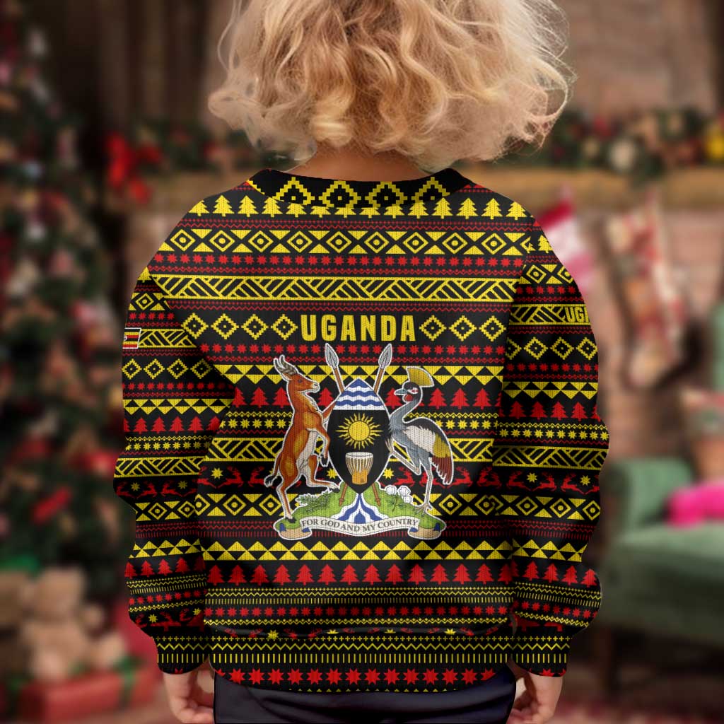 Uganda Christmas Kid Ugly Christmas Sweater with Flamingo Lights Uganda Flag and Black Red Yellow Tribal Pattern Design - Wonder Print Shop