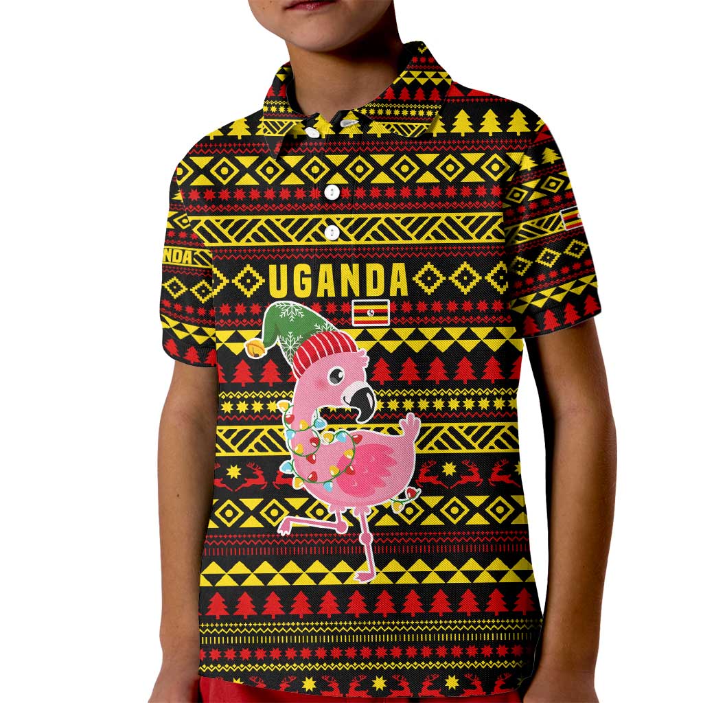 Uganda Christmas Kid Polo Shirt with Flamingo Lights Uganda Flag and Black Red Yellow Tribal Pattern Design - Wonder Print Shop