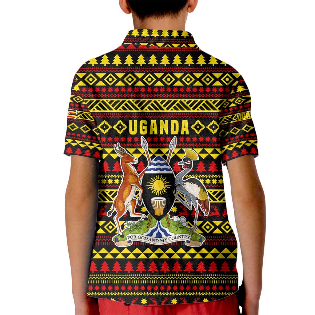 Uganda Christmas Kid Polo Shirt with Flamingo Lights Uganda Flag and Black Red Yellow Tribal Pattern Design - Wonder Print Shop