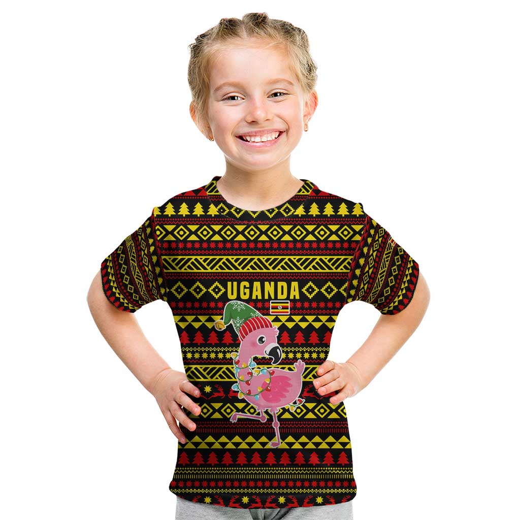 Uganda Christmas Kid T Shirt with Flamingo Lights Uganda Flag and Black Red Yellow Tribal Pattern Design - Wonder Print Shop