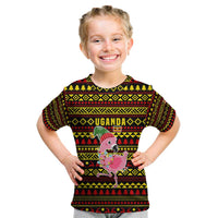 Uganda Christmas Kid T Shirt with Flamingo Lights Uganda Flag and Black Red Yellow Tribal Pattern Design - Wonder Print Shop