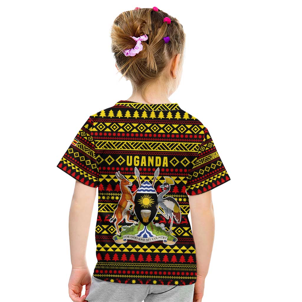 Uganda Christmas Kid T Shirt with Flamingo Lights Uganda Flag and Black Red Yellow Tribal Pattern Design - Wonder Print Shop