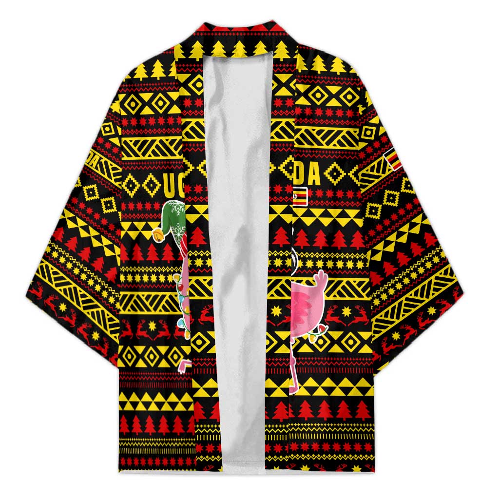Uganda Christmas Kimono with Flamingo Lights Uganda Flag and Black Red Yellow Tribal Pattern Design - Wonder Print Shop