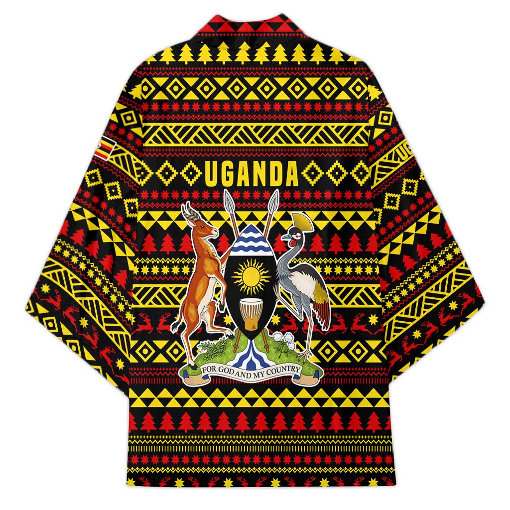 Uganda Christmas Kimono with Flamingo Lights Uganda Flag and Black Red Yellow Tribal Pattern Design - Wonder Print Shop