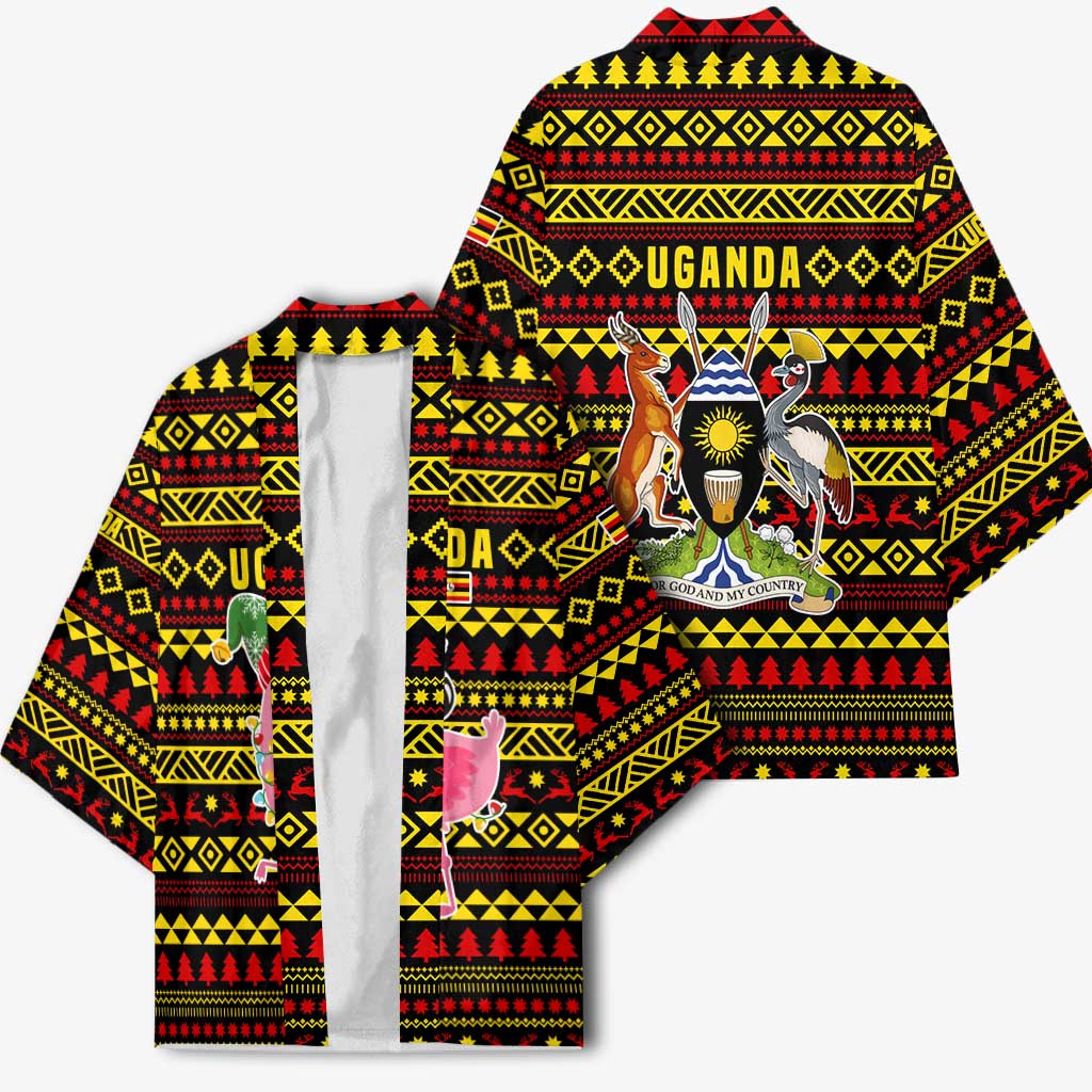 Uganda Christmas Kimono with Flamingo Lights Uganda Flag and Black Red Yellow Tribal Pattern Design - Wonder Print Shop
