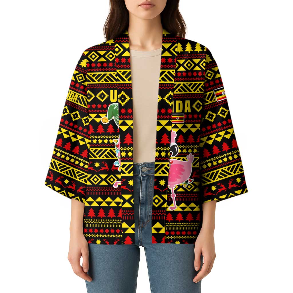 Uganda Christmas Kimono with Flamingo Lights Uganda Flag and Black Red Yellow Tribal Pattern Design - Wonder Print Shop