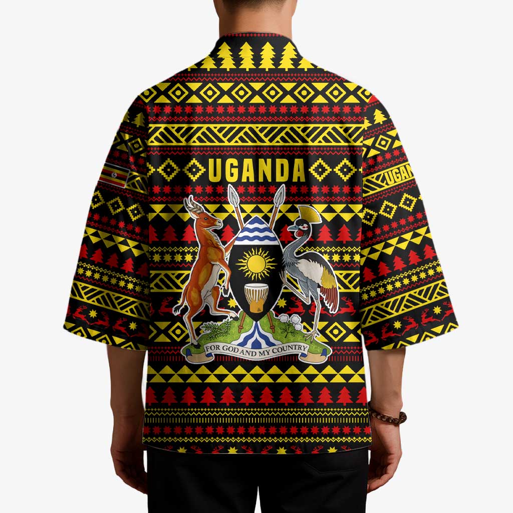 Uganda Christmas Kimono with Flamingo Lights Uganda Flag and Black Red Yellow Tribal Pattern Design - Wonder Print Shop