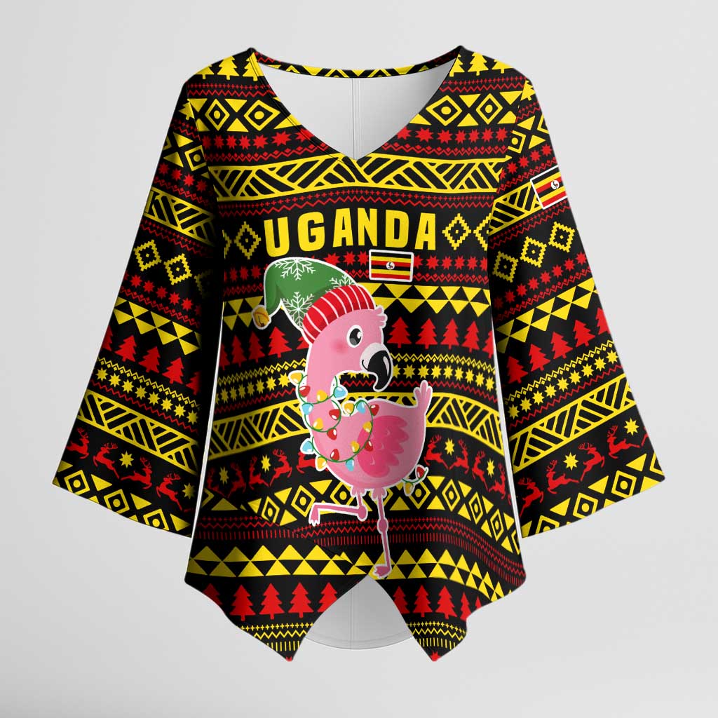 Uganda Christmas Kimono Sleeve Blouse with Flamingo Lights Uganda Flag and Black Red Yellow Tribal Pattern Design - Wonder Print Shop