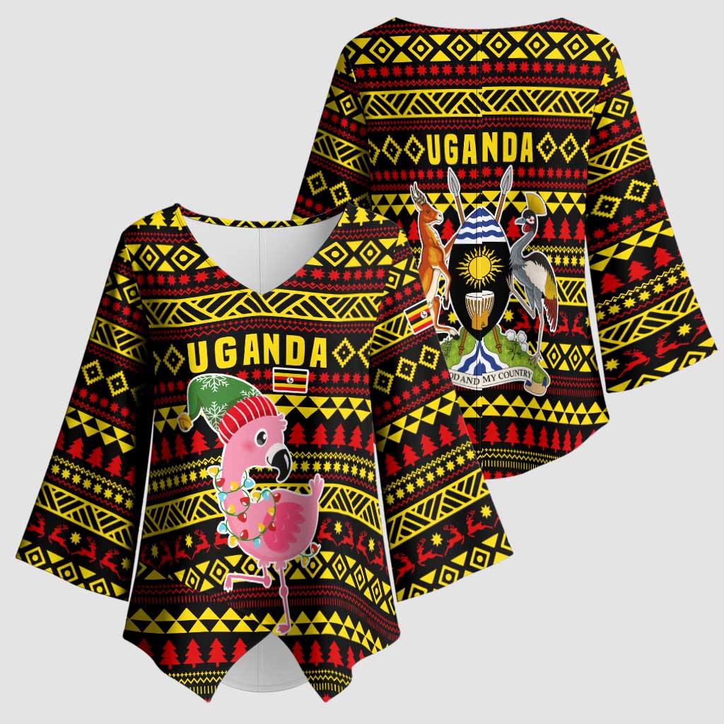 Uganda Christmas Kimono Sleeve Blouse with Flamingo Lights Uganda Flag and Black Red Yellow Tribal Pattern Design - Wonder Print Shop