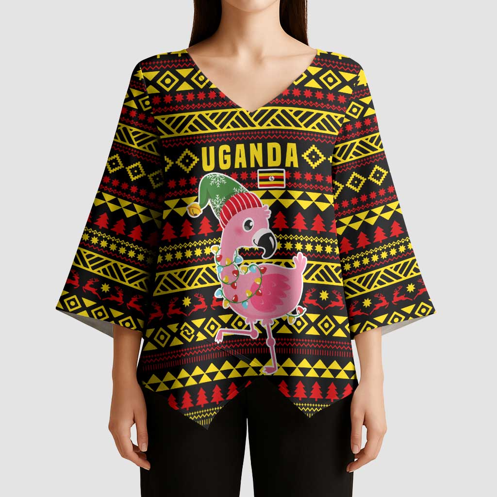 Uganda Christmas Kimono Sleeve Blouse with Flamingo Lights Uganda Flag and Black Red Yellow Tribal Pattern Design - Wonder Print Shop