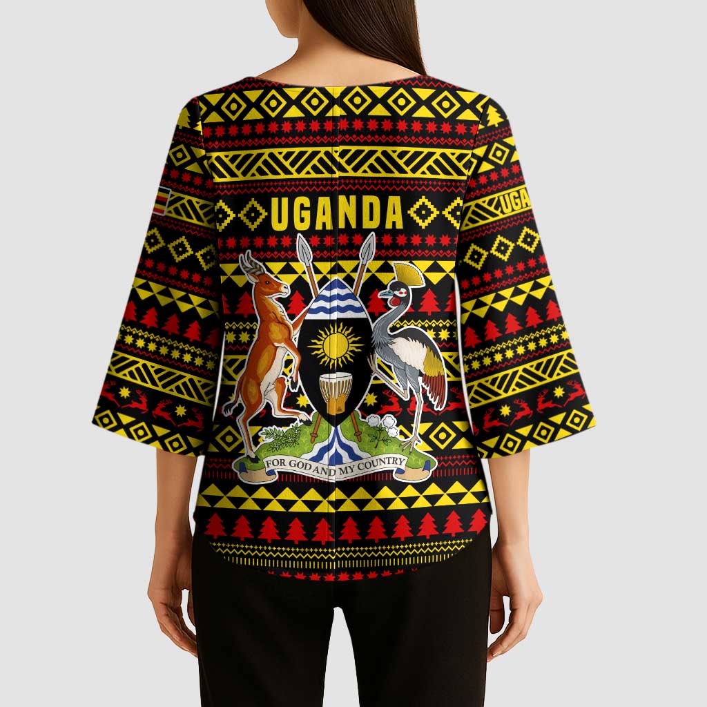 Uganda Christmas Kimono Sleeve Blouse with Flamingo Lights Uganda Flag and Black Red Yellow Tribal Pattern Design - Wonder Print Shop