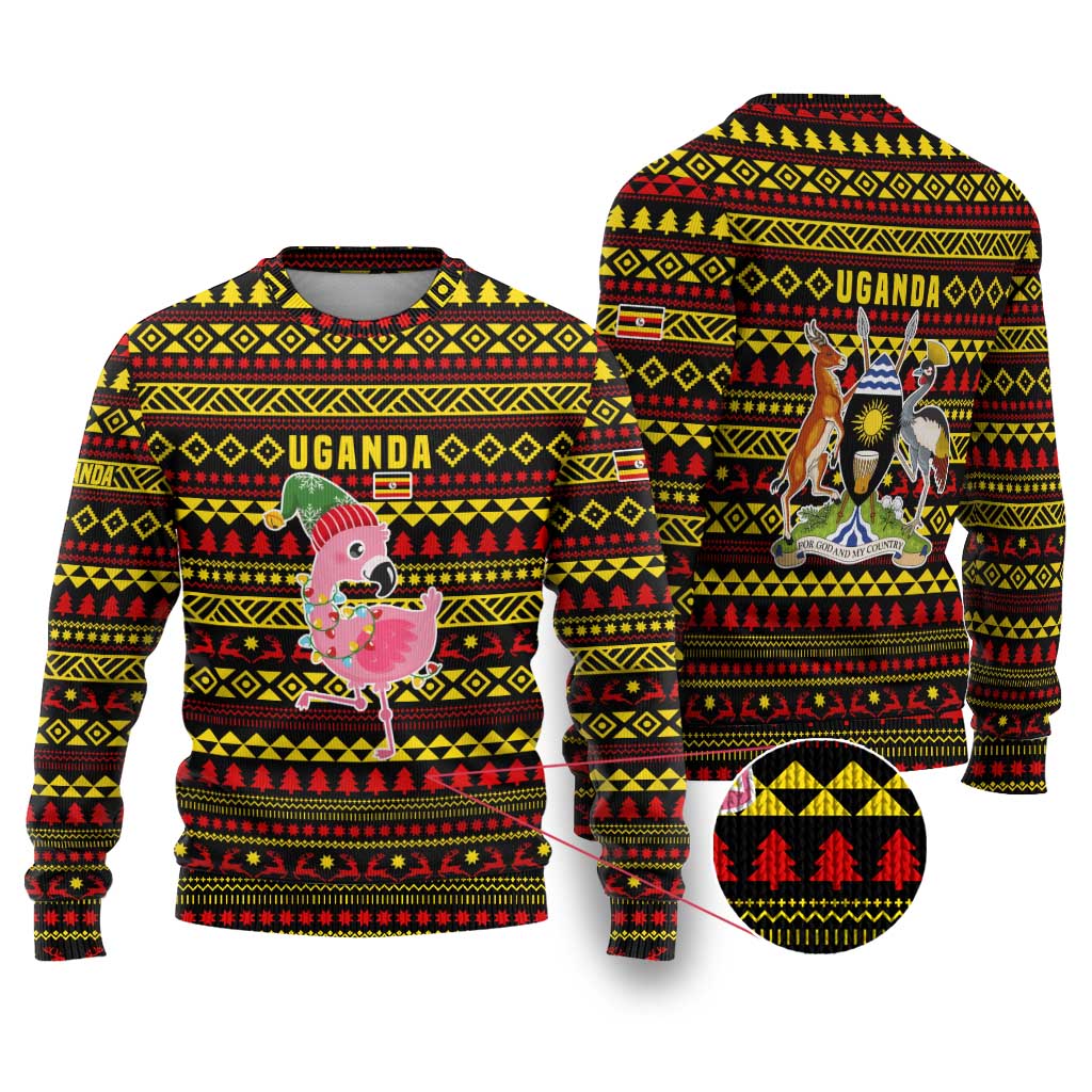 Uganda Christmas Ugly Christmas Sweater with Flamingo Lights Uganda Flag and Black Red Yellow Tribal Pattern Design - Wonder Print Shop