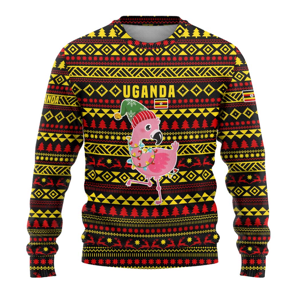 Uganda Christmas Ugly Christmas Sweater with Flamingo Lights Uganda Flag and Black Red Yellow Tribal Pattern Design - Wonder Print Shop