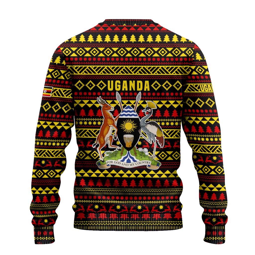 Uganda Christmas Ugly Christmas Sweater with Flamingo Lights Uganda Flag and Black Red Yellow Tribal Pattern Design - Wonder Print Shop