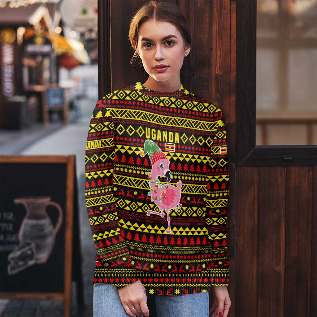 Uganda Christmas Ugly Christmas Sweater with Flamingo Lights Uganda Flag and Black Red Yellow Tribal Pattern Design - Wonder Print Shop
