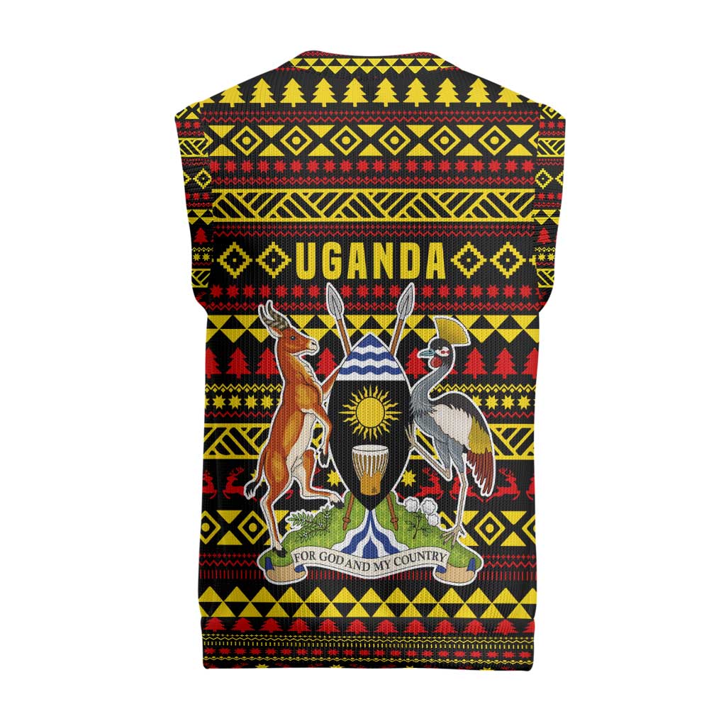 Uganda Christmas Knitted V-Neck Vest with Flamingo Lights Uganda Flag and Black Red Yellow Tribal Pattern Design - Wonder Print Shop