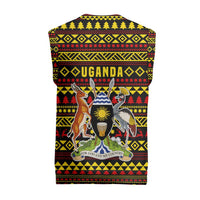 Uganda Christmas Knitted V-Neck Vest with Flamingo Lights Uganda Flag and Black Red Yellow Tribal Pattern Design - Wonder Print Shop