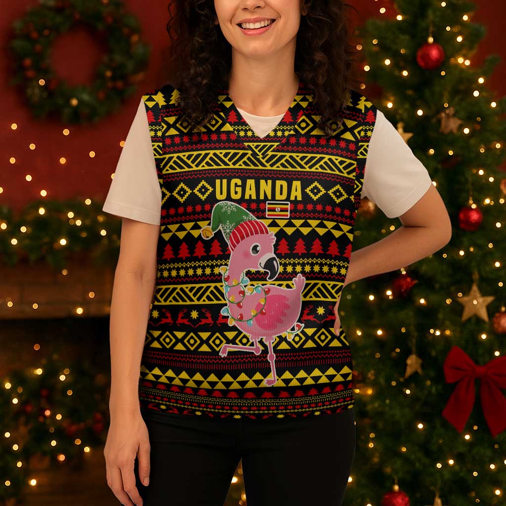 Uganda Christmas Knitted V-Neck Vest with Flamingo Lights Uganda Flag and Black Red Yellow Tribal Pattern Design - Wonder Print Shop