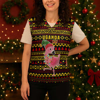 Uganda Christmas Knitted V-Neck Vest with Flamingo Lights Uganda Flag and Black Red Yellow Tribal Pattern Design - Wonder Print Shop