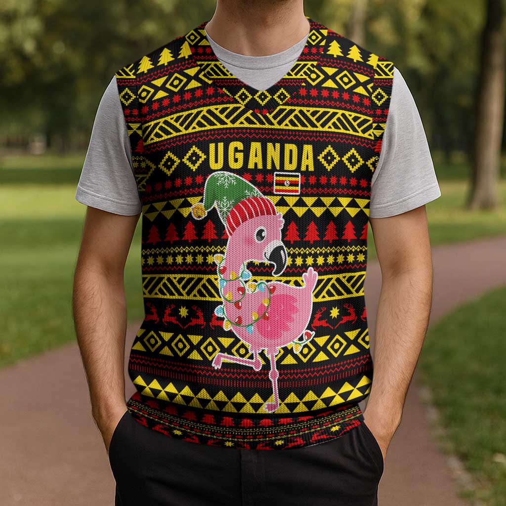 Uganda Christmas Knitted V-Neck Vest with Flamingo Lights Uganda Flag and Black Red Yellow Tribal Pattern Design - Wonder Print Shop