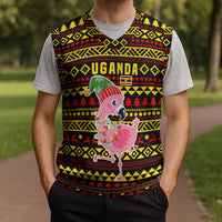 Uganda Christmas Knitted V-Neck Vest with Flamingo Lights Uganda Flag and Black Red Yellow Tribal Pattern Design - Wonder Print Shop