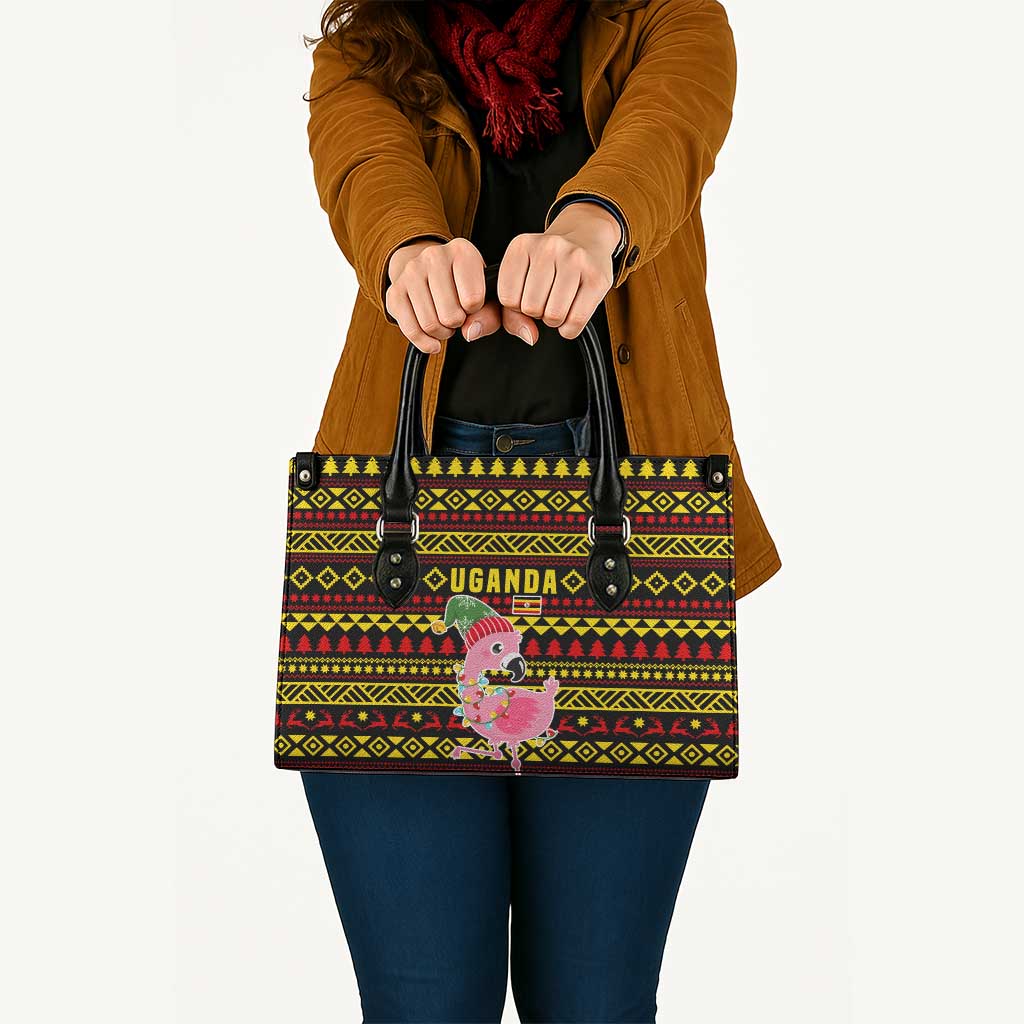 Uganda Christmas Leather Bag with Flamingo Lights Uganda Flag and Black Red Yellow Tribal Pattern Design - Wonder Print Shop