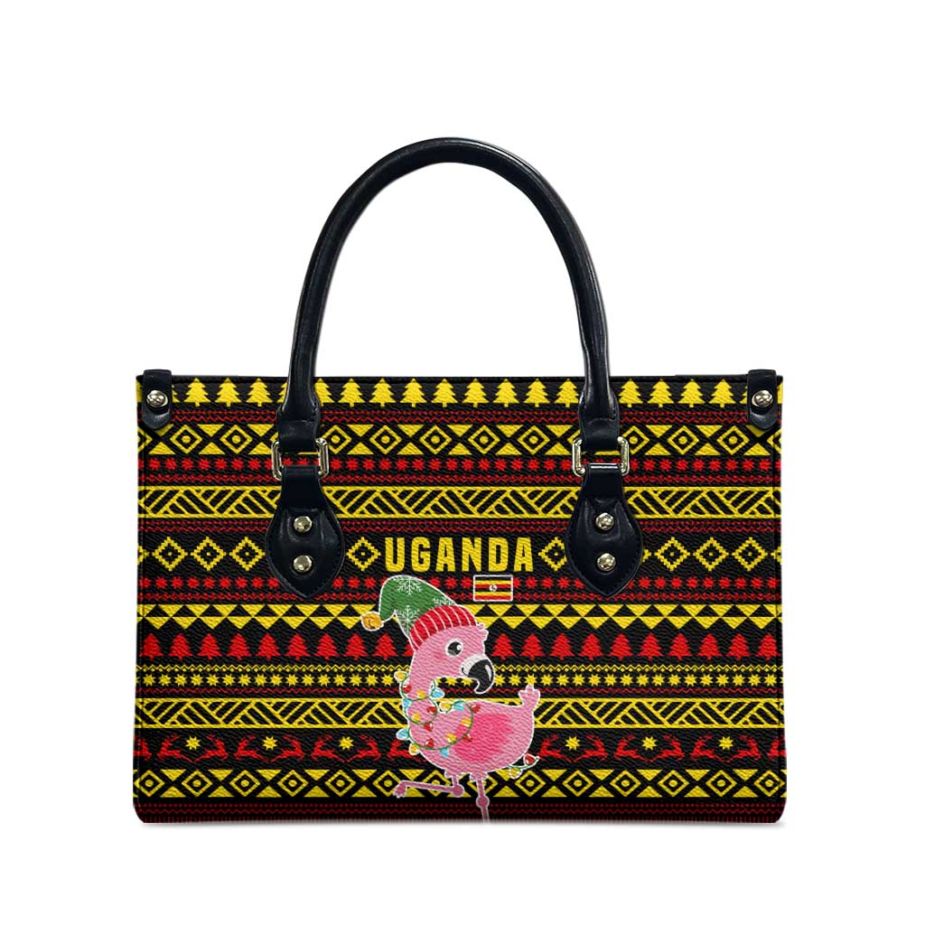 Uganda Christmas Leather Bag with Flamingo Lights Uganda Flag and Black Red Yellow Tribal Pattern Design - Wonder Print Shop