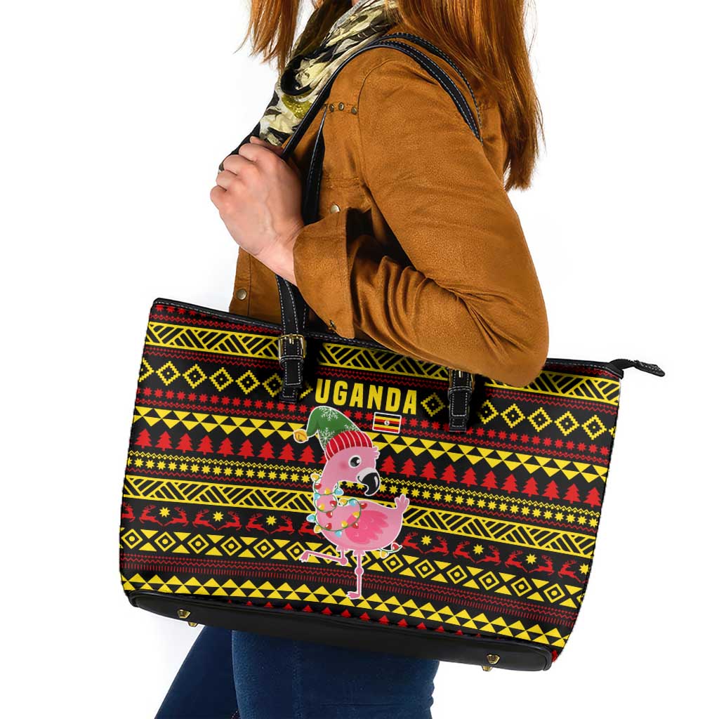 Uganda Christmas Leather Tote Bag with Flamingo Lights Uganda Flag and Black Red Yellow Tribal Pattern Design - Wonder Print Shop