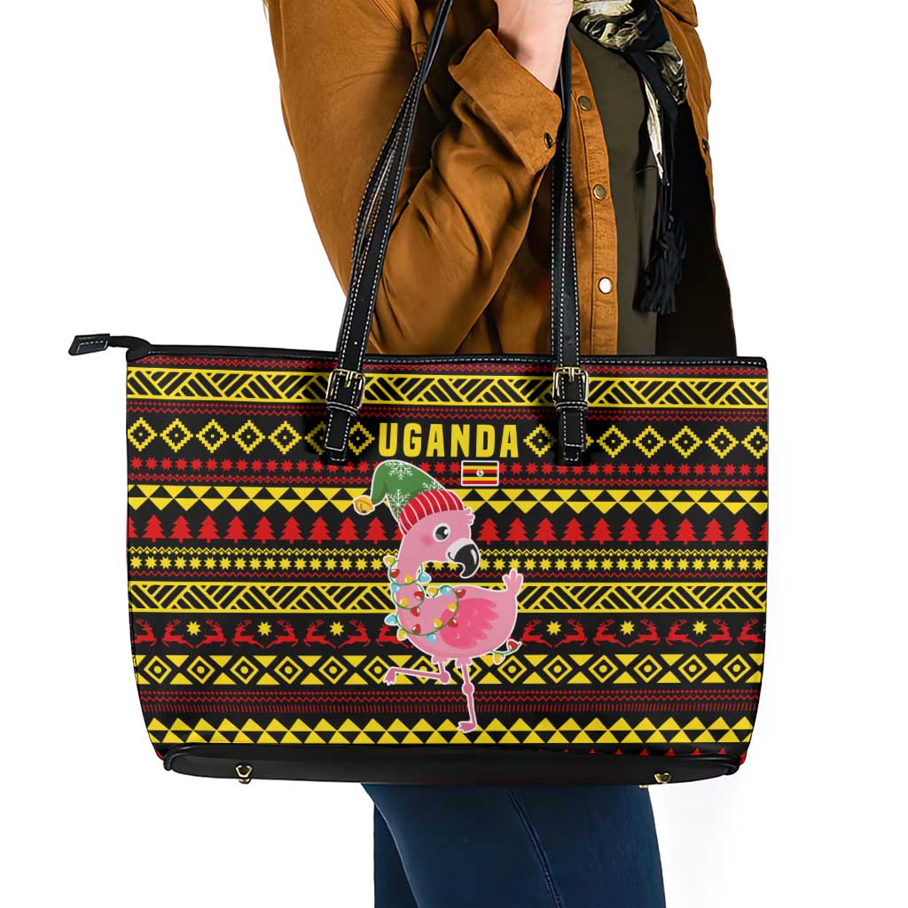 Uganda Christmas Leather Tote Bag with Flamingo Lights Uganda Flag and Black Red Yellow Tribal Pattern Design - Wonder Print Shop
