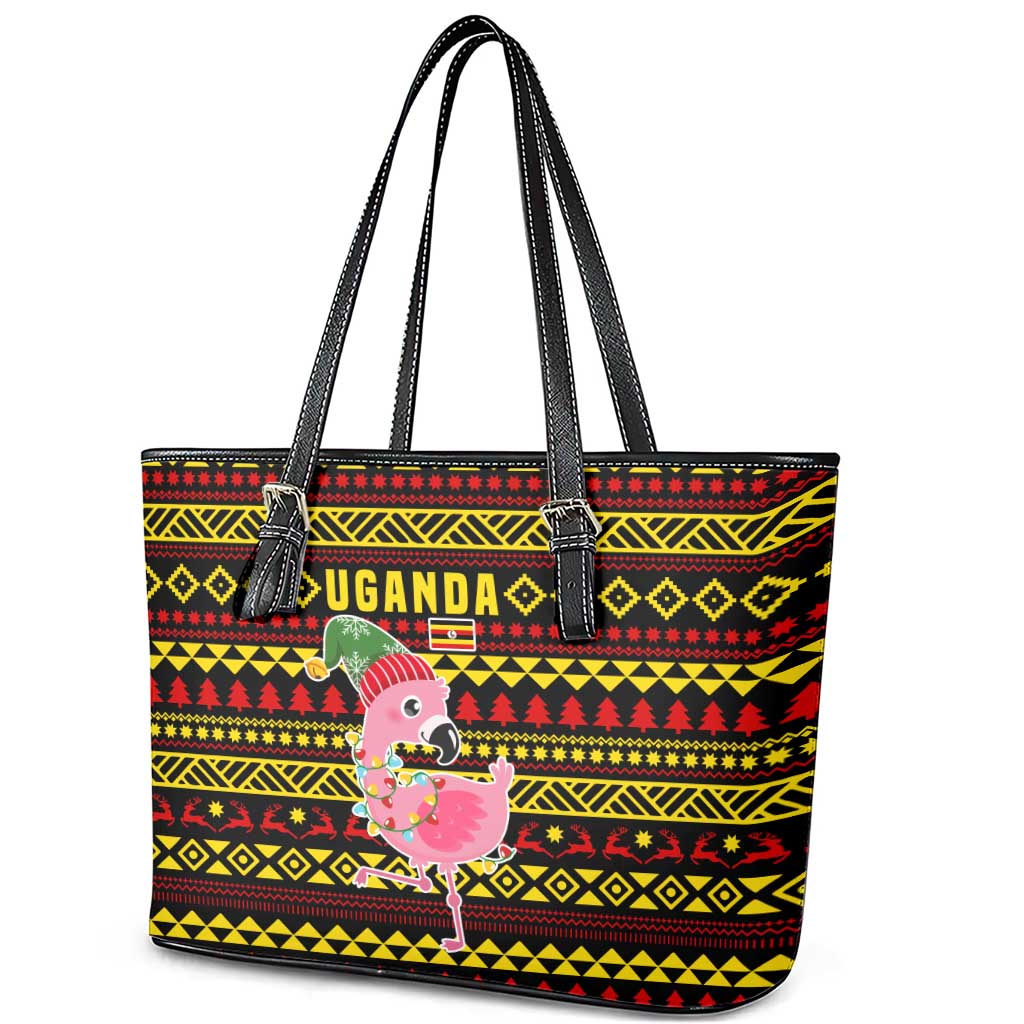 Uganda Christmas Leather Tote Bag with Flamingo Lights Uganda Flag and Black Red Yellow Tribal Pattern Design - Wonder Print Shop