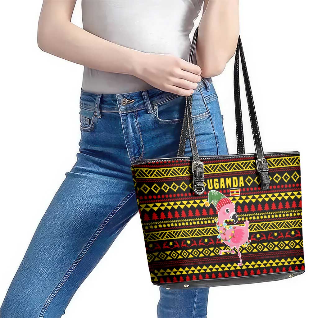 Uganda Christmas Leather Tote Bag with Flamingo Lights Uganda Flag and Black Red Yellow Tribal Pattern Design - Wonder Print Shop