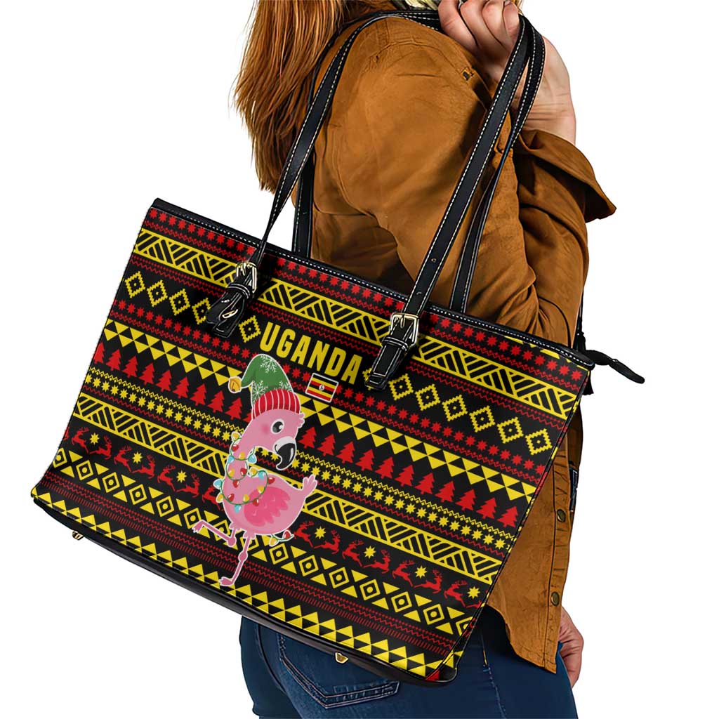 Uganda Christmas Leather Tote Bag with Flamingo Lights Uganda Flag and Black Red Yellow Tribal Pattern Design - Wonder Print Shop