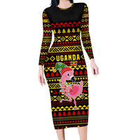 Uganda Christmas Long Sleeve Bodycon Dress with Flamingo Lights Uganda Flag and Black Red Yellow Tribal Pattern Design - Wonder Print Shop