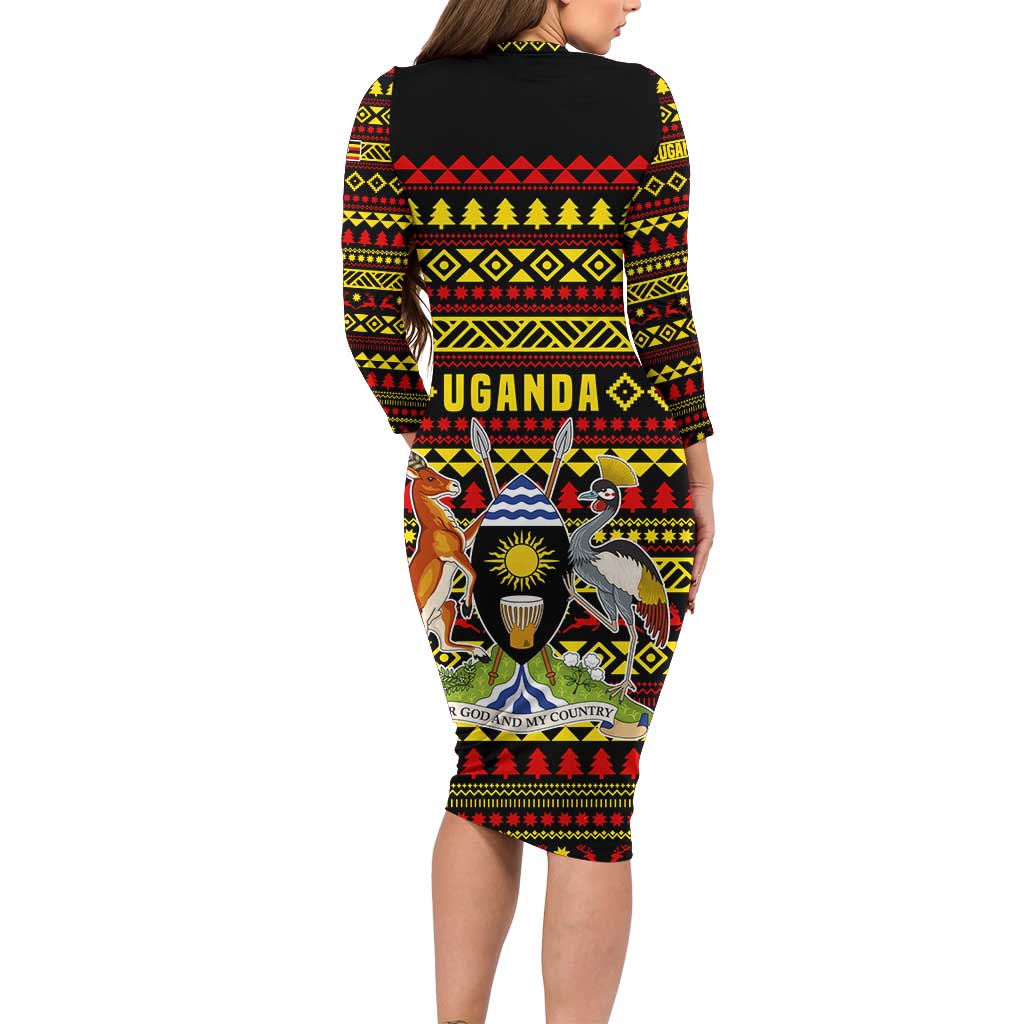 Uganda Christmas Long Sleeve Bodycon Dress with Flamingo Lights Uganda Flag and Black Red Yellow Tribal Pattern Design - Wonder Print Shop