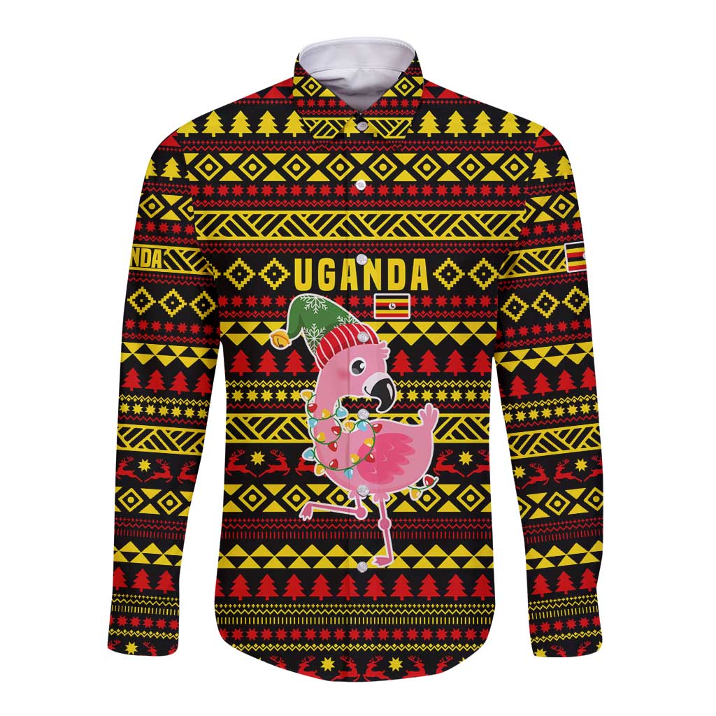 Uganda Christmas Long Sleeve Button Shirt with Flamingo Lights Uganda Flag and Black Red Yellow Tribal Pattern Design - Wonder Print Shop