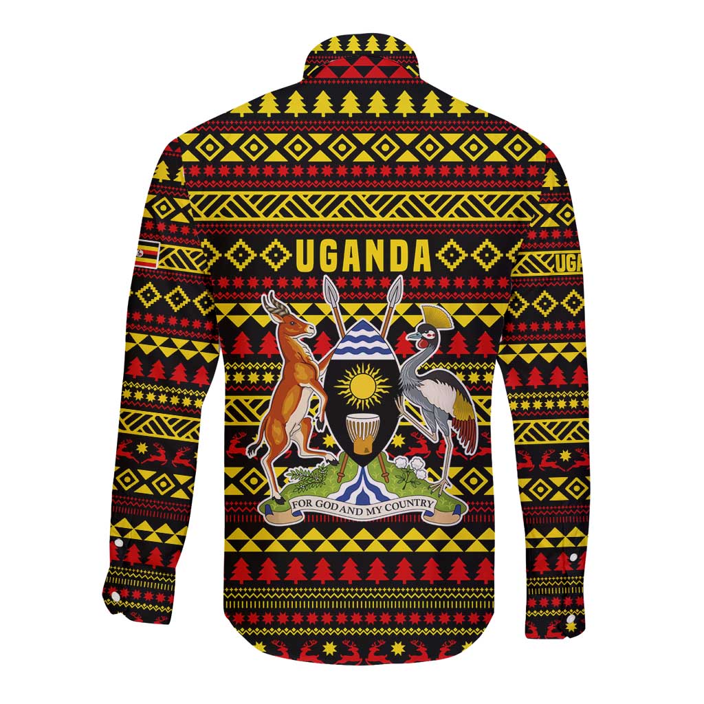 Uganda Christmas Long Sleeve Button Shirt with Flamingo Lights Uganda Flag and Black Red Yellow Tribal Pattern Design - Wonder Print Shop