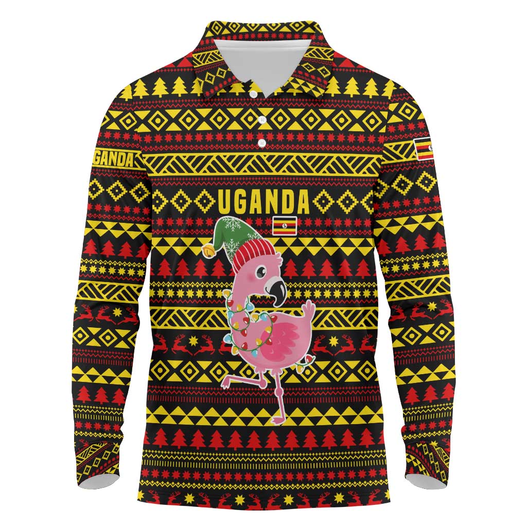Uganda Christmas Long Sleeve Polo Shirt with Flamingo Lights Uganda Flag and Black Red Yellow Tribal Pattern Design - Wonder Print Shop