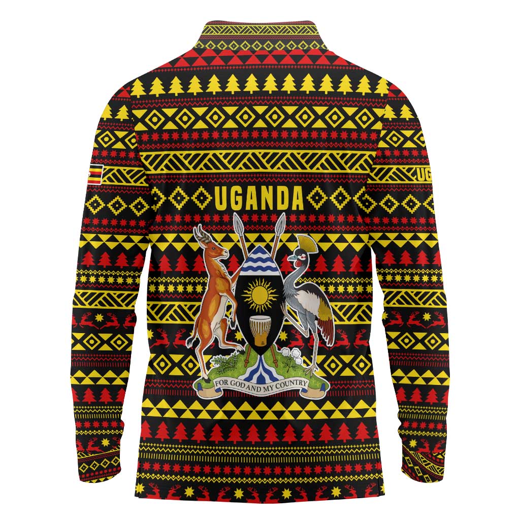 Uganda Christmas Long Sleeve Polo Shirt with Flamingo Lights Uganda Flag and Black Red Yellow Tribal Pattern Design - Wonder Print Shop