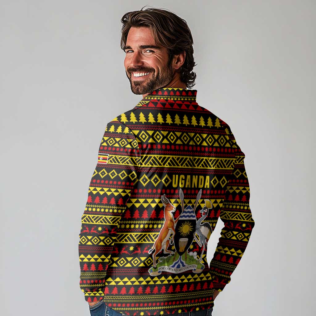Uganda Christmas Long Sleeve Polo Shirt with Flamingo Lights Uganda Flag and Black Red Yellow Tribal Pattern Design - Wonder Print Shop