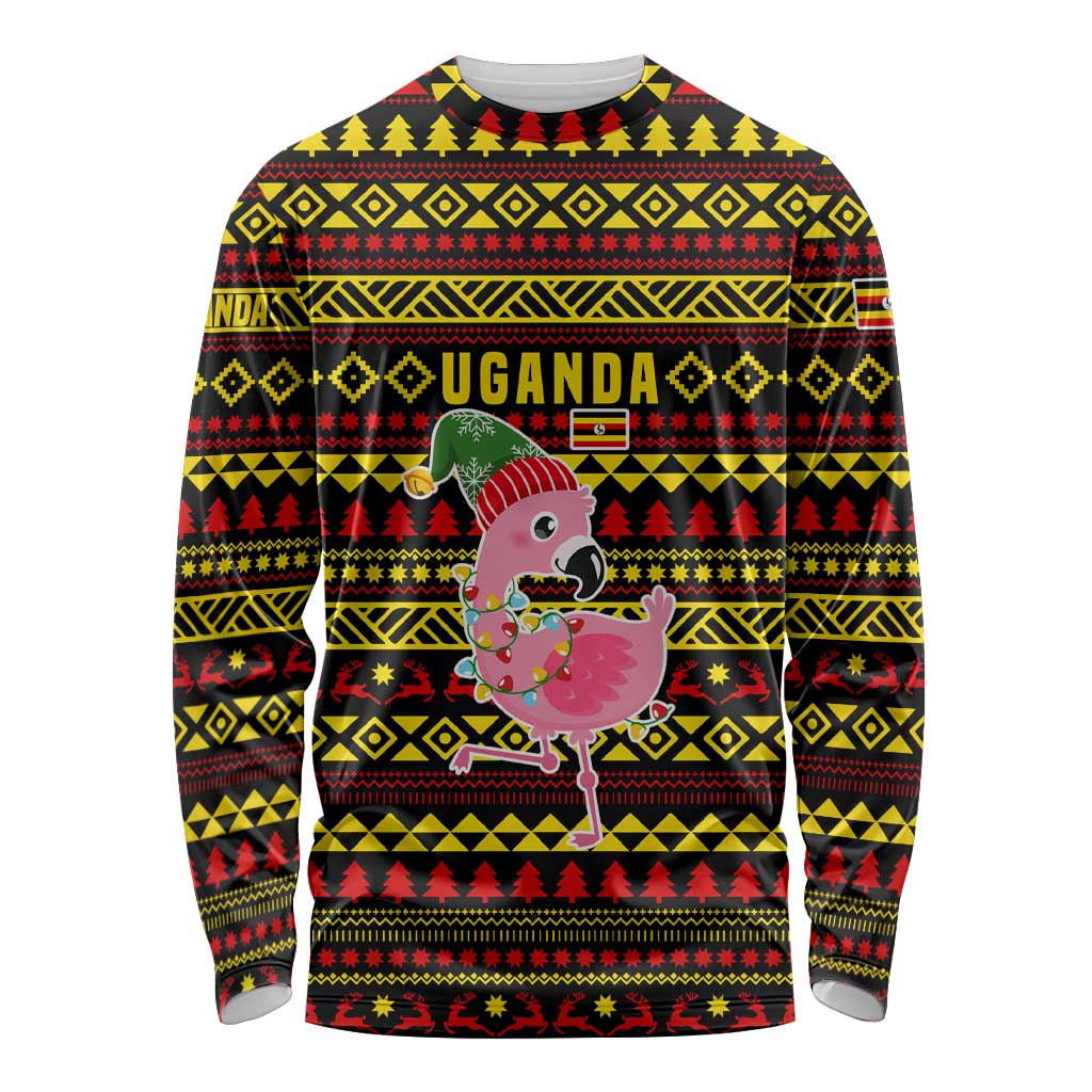 Uganda Christmas Long Sleeve Shirt with Flamingo Lights Uganda Flag and Black Red Yellow Tribal Pattern Design - Wonder Print Shop