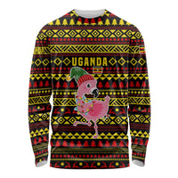 Uganda Christmas Long Sleeve Shirt with Flamingo Lights Uganda Flag and Black Red Yellow Tribal Pattern Design - Wonder Print Shop