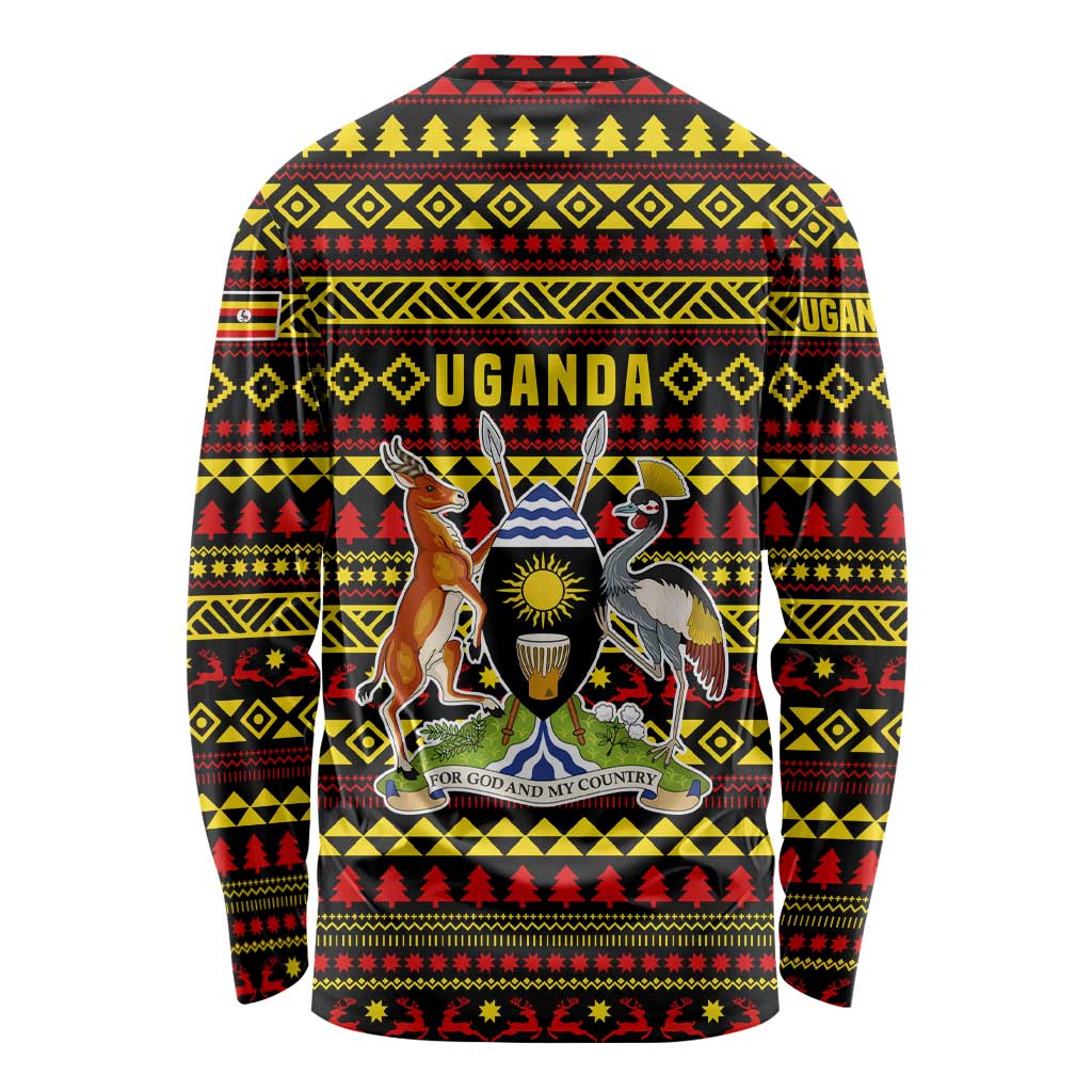 Uganda Christmas Long Sleeve Shirt with Flamingo Lights Uganda Flag and Black Red Yellow Tribal Pattern Design - Wonder Print Shop