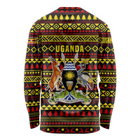 Uganda Christmas Long Sleeve Shirt with Flamingo Lights Uganda Flag and Black Red Yellow Tribal Pattern Design - Wonder Print Shop